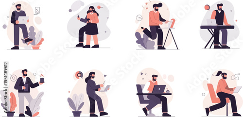 Digital illustrations of diverse individuals engaged in modern work activities