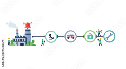 Industrial Emergency Response Workflow. Factory Safety Protocol for Incident Management: Alarm, Call, Fire, Medical & Repair Services.