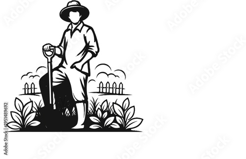 Silhouette of a farmer with a shovel in a garden, wearing a hat