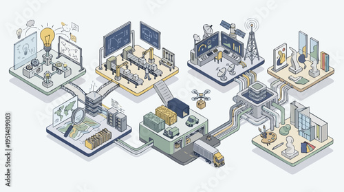 Illustration of a smart factory with interconnected production lines and advanced technology for industrial automation