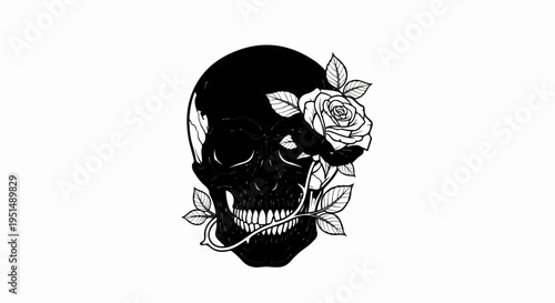 Black skull with detailed white rose and vine intertwined