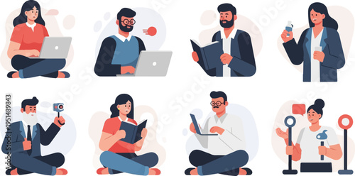 Diverse people engaged in various modern activities on white background