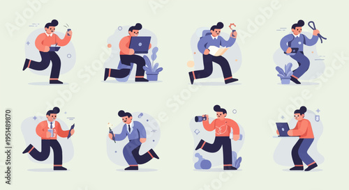 Animated characters engaged in various daily activities and tasks