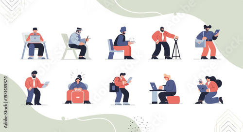 Diverse people engaged with technology in various settings, sitting and standing