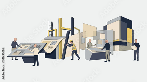 Illustration of people working with digital devices and machinery representing modern technology and collaborative innovation