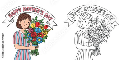 Happy Mother's Day Banner with Woman Holding Large Flower Bouquet