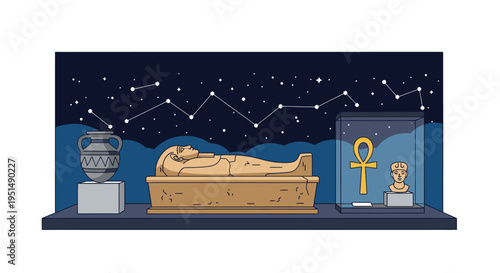 Ancient Egyptian sarcophagus and artifacts displayed in a museum exhibit under a starry sky