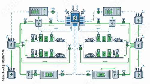 A complex industrial process diagram with green and blue lines and machinery.