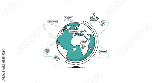 Global network illustration depicting worldwide communication, business, and idea exchange with orbiting icons around a stylized earth globe.