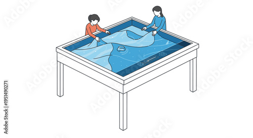 Two people interact with an innovative augmented reality sandbox table, shaping dynamic digital landscapes for educational play and learning.