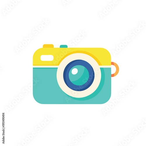 Flat design illustration of a colorful camera with a yellow top and teal body on a white background.