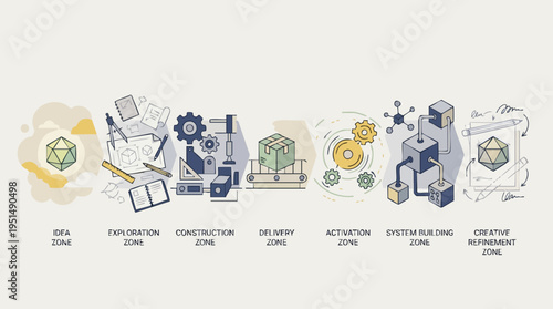 Illustration of the product development process from idea generation to system building and creative refinement