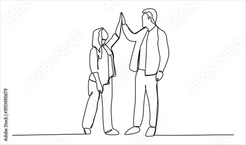 Continuous one line art of two men giving high fives gesture hands wearing office clothes to celebrate success