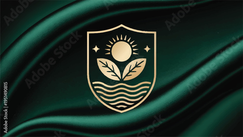 Ornate golden shield emblem with sun, leaves, and wavy water lines on a draped green satin background