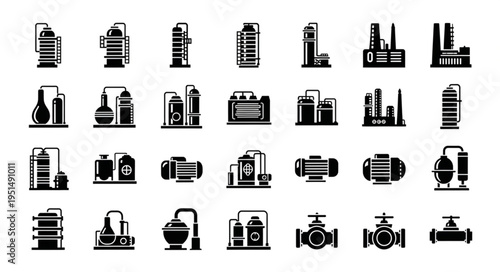 Collection of Industrial Plant and Equipment Icons in Silhouette Style.