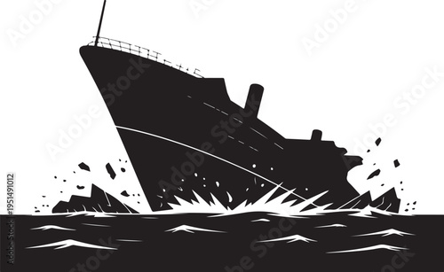 Sinking ship in ocean with waves and splashes boat