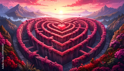 Heart-shaped maze in a vibrant landscape at sunrise