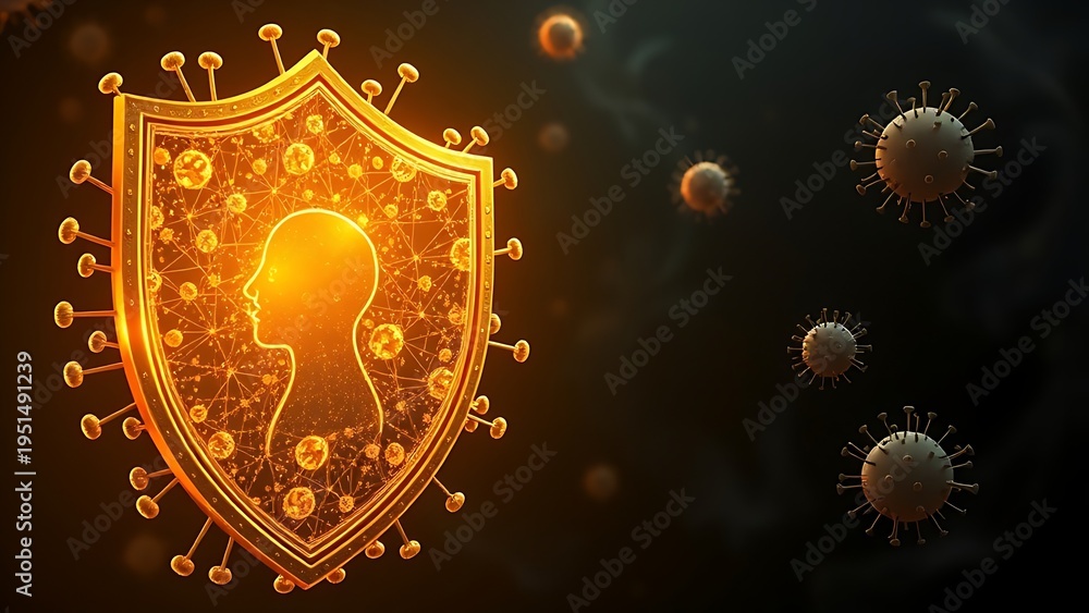 Fototapeta premium Golden shield of vaccine molecules protecting a human silhouette from dark, swirling pathogens.