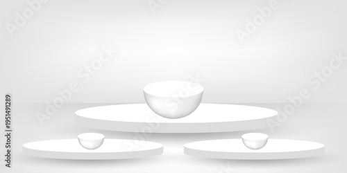White podium. Round empty stage. Realistic circle with soft shadow. Product display pedestal. White studio template. Advertising 3d platform. Vector illustration.
