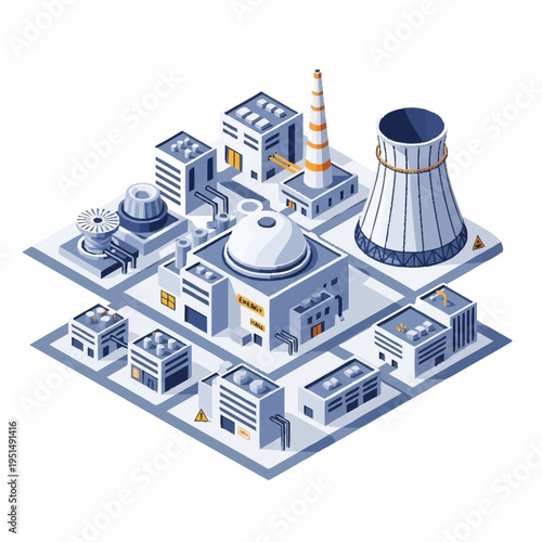 Isometric Nuclear Power Plant Complex with Cooling Tower and Industrial Buildings.
