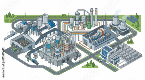Industrial factory complex with multiple units.