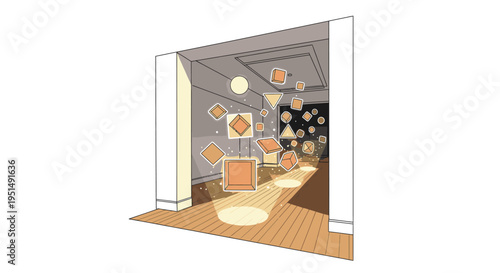 Abstract geometric shapes like squares, triangles, and circles floating in a modern, minimalist interior space with artistic light effects, creating a conceptual design.
