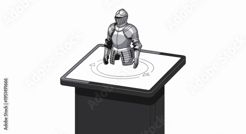 Holographic projection of a medieval knight's armor rotating on a futuristic interactive display stand, showcasing advanced augmented reality technology.
