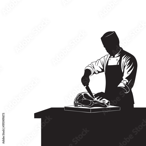 A butcher cuts meat on a cutting board