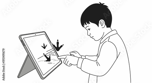 Black and white illustration of a young child engaging with a tablet computer, touching the screen with interactive arrows, representing digital education.