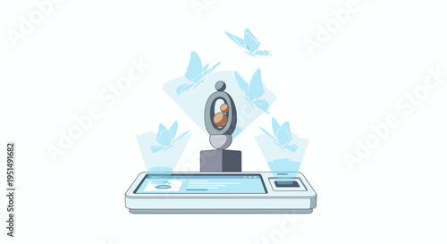 Futuristic holographic display of a human embryo in a capsule, surrounded by glowing digital butterflies, symbolizing life, technology, and future.