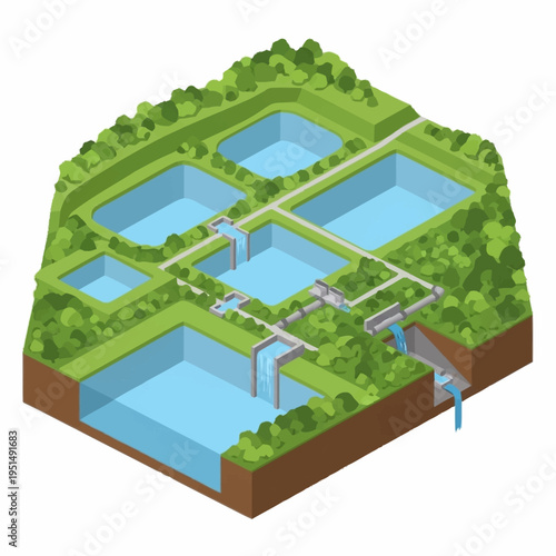 Isometric Diagram of a Water Treatment Plant with Multiple Basins and Filtration Systems.
