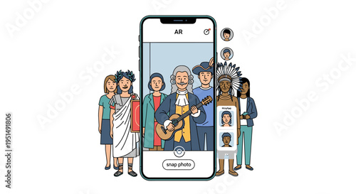 Diverse people from different eras and cultures gather around a smartphone using augmented reality for a photo