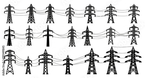 Collection of Silhouette High-Voltage Power Transmission Towers.