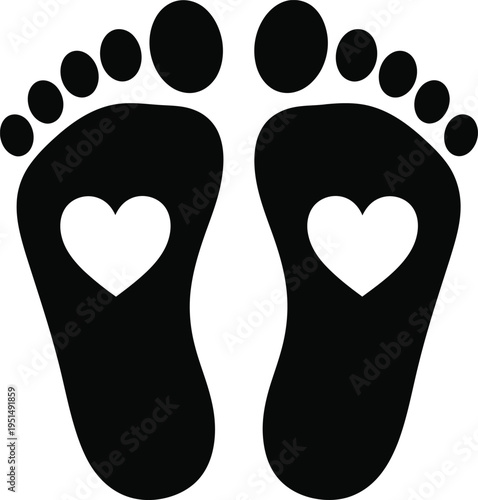 A minimalist black and white graphic illustration featuring two baby footprints with heart symbols. Vector