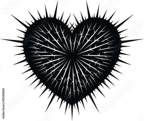 A stark black and white digital graphic illustration of a heart shape covered in sharp thorns Vector