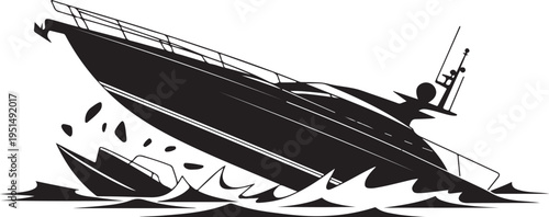 Sinking yacht in stormy sea with waves crashing boat