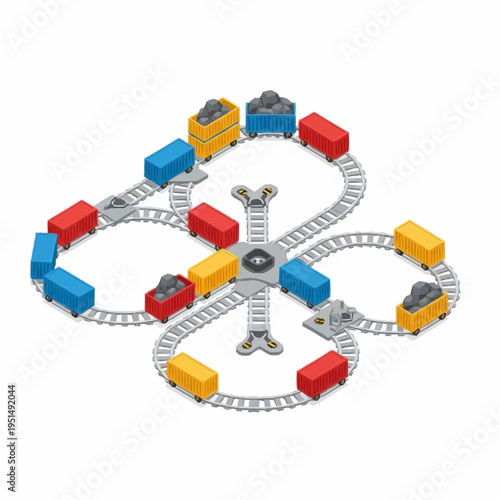 Colorful toy train set with multiple cars on an intricate figure-eight track layout.