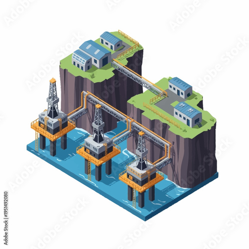 Isometric Offshore Oil Rig and Coastal Refinery Complex.