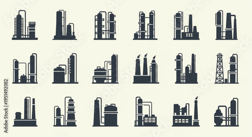 Silhouetted Industrial Plant Icons - A Collection of Factory Designs.