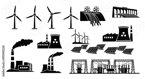 Renewable and Non-Renewable Energy Sources - Wind, Hydro, Nuclear, Solar, and Fossil Fuel Power Plants.