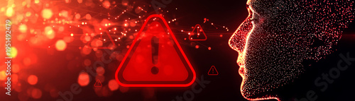 Warning Signal Illuminates a Digital Face Cybersecurity Awareness Abstract Art Dark Background Side View Visual Representation of Data Security Concepts