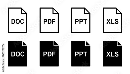 File format icon set with DOC PDF PPT XLS document types in outline and solid styles for app interface and web UI