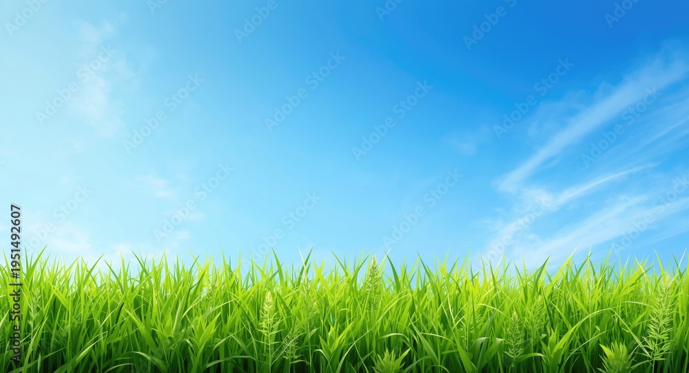 Fototapeta premium Fresh cartoon depiction of spring nature with lively green grass and crisp blue sky
