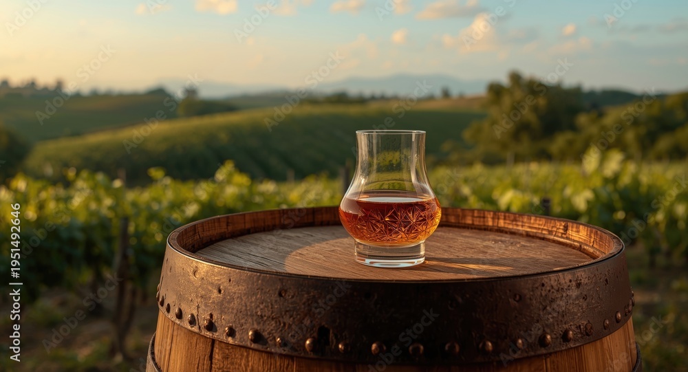 Fototapeta premium Glass of cognac displayed on a classic wooden barrel against peaceful vineyard views