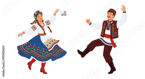 Two people in traditional ukrainian folk costumes dancing joyfully