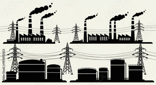 Industrial landscape silhouette featuring factories, power lines, and storage tanks.