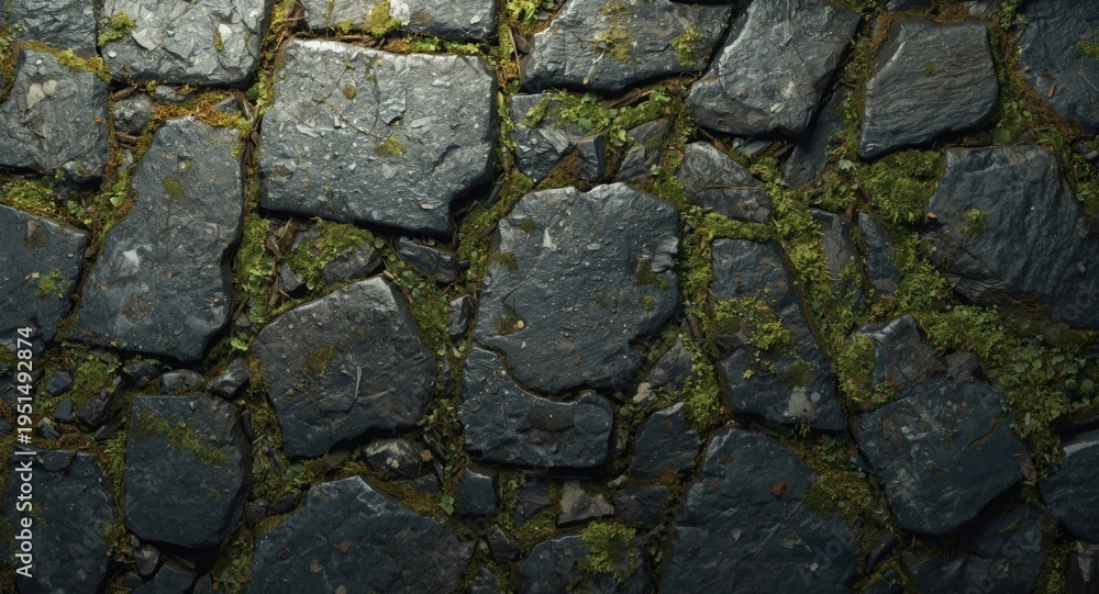 Fototapeta premium Rough stone ground layered with green moss and open copy space