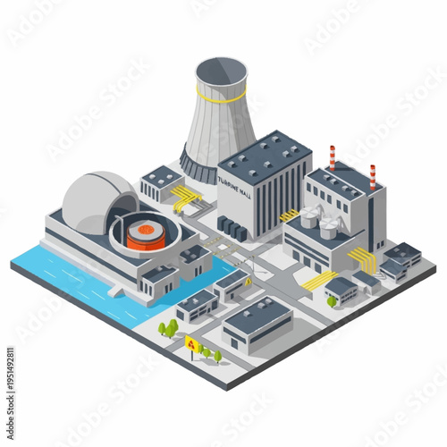 Isometric Nuclear Power Plant with Cooling Tower and Industrial Buildings.