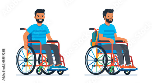 Illustration of a man with a beard using a wheelchair in two poses