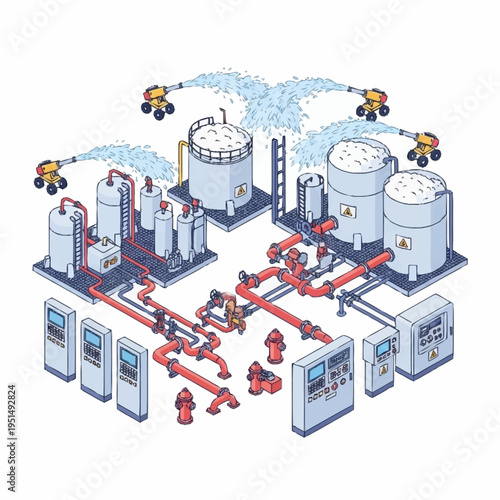 Isometric industrial water processing and fire suppression system diagram.